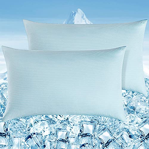 Elegear Funda de Almohada Enfriamiento 2 Set con Rayas Elásticas , Funda Protege Almohada con Fibra ARC-Chill Japonesa de Primera Calidad Almohada Protege Súper Suave Transpirable (Azul,50*75cm)