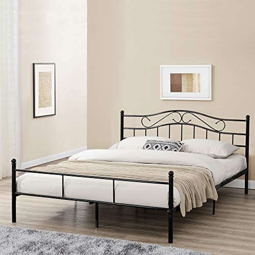 [en.casa] Cama de Metal Doble (Florencia)(180 x 200cm)(Negro) con cabecero Curvado/Recubrimiento en Polvo/somier Incluido