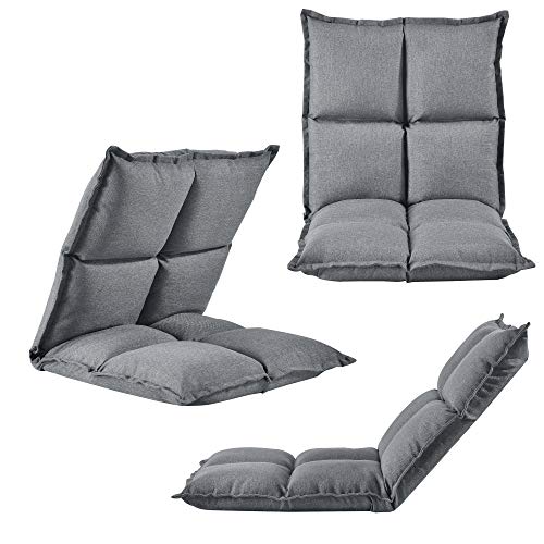 [en.casa] Silla de Suelo 52 x 50 cm Cojín de Espuma con Estructura de Metal Acolchado 5 Ángulos Respaldo Ajustable Inclinación 180 Grados Cama de Suelo Gris Claro