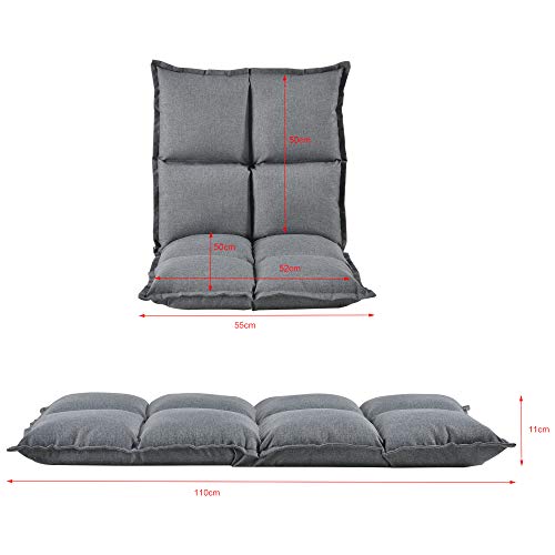 [en.casa] Silla de Suelo 52 x 50 cm Cojín de Espuma con Estructura de Metal Acolchado 5 Ángulos Respaldo Ajustable Inclinación 180 Grados Cama de Suelo Gris Claro