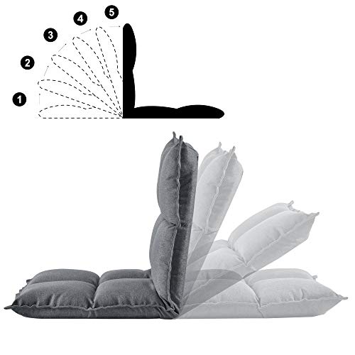 [en.casa] Silla de Suelo 52 x 50 cm Cojín de Espuma con Estructura de Metal Acolchado 5 Ángulos Respaldo Ajustable Inclinación 180 Grados Cama de Suelo Gris Claro