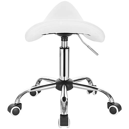 EUGAD Taburete con Ruedas Taburete de Trabajo Giratorio Regulable En Altura PU Silla Giratoria Taburete de Bar Piel Sintética Taburete de Peluquería Blanco