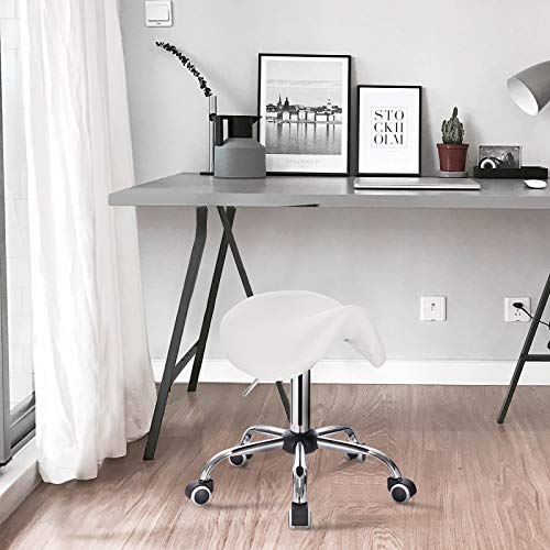 EUGAD Taburete con Ruedas Taburete de Trabajo Giratorio Regulable En Altura PU Silla Giratoria Taburete de Bar Piel Sintética Taburete de Peluquería Blanco