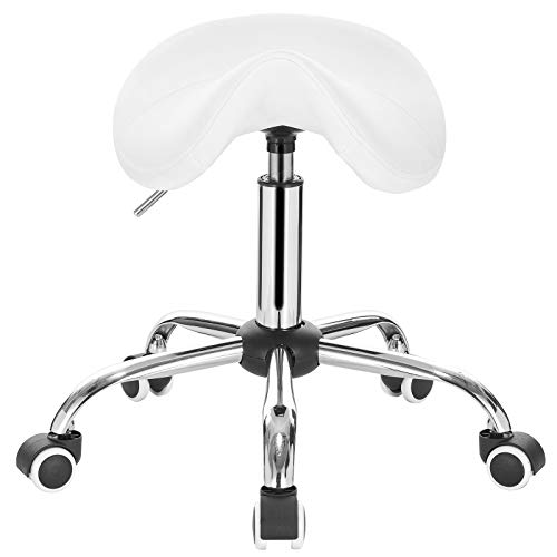 EUGAD Taburete con Ruedas Taburete de Trabajo Giratorio Regulable En Altura PU Silla Giratoria Taburete de Bar Piel Sintética Taburete de Peluquería Blanco
