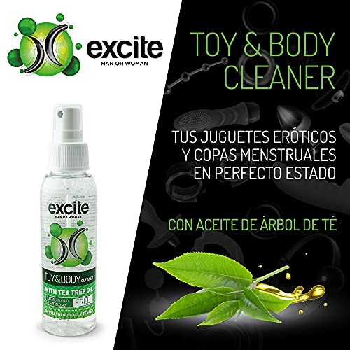 EXCITE Limpiador desinfectante de accesorios íntimos y copa menstrual. Antibacteriano y antiséptico con Aceite de Árbol de Té. Sin alcohol ni sulfatos. 100ml