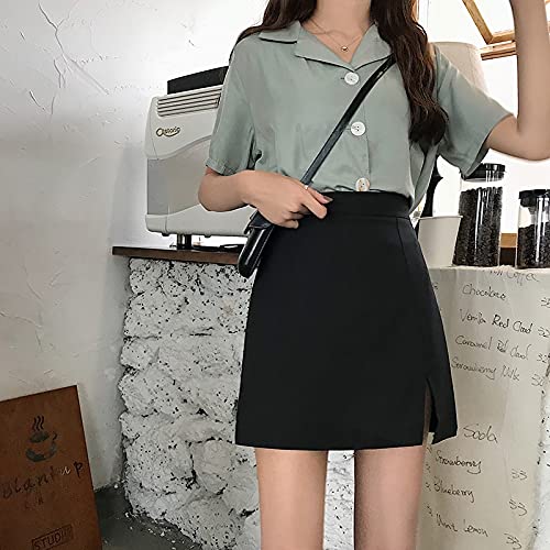 Falda Mujer Femenina Sólida De Estilo Preppy Harajuku Moda De Cintura Alta A-Line Falda De Mujer Primavera Dividida para Mujer por Encima De La Rodilla Mini Falda Linda M Negro