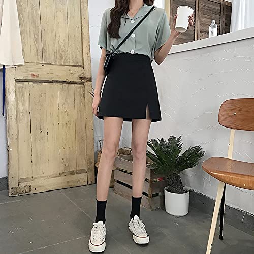 Falda Mujer Femenina Sólida De Estilo Preppy Harajuku Moda De Cintura Alta A-Line Falda De Mujer Primavera Dividida para Mujer por Encima De La Rodilla Mini Falda Linda M Negro