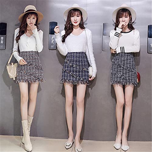 Falda Mujer Otoño Invierno Señoras Plaid A-Line Mini Faldas Mujeres Cintura Alta Borla Mini Faldas Coreanas por Encima De La Rodilla Faldas A Cuadros L Khaki