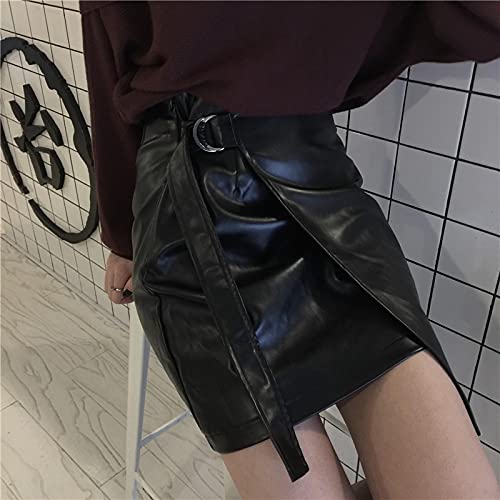 Falda Mujer PU Casual Mujer Moda Faldas Cintura Alta Sólido A-Line Mujer Mini Faldas por Encima De La Rodilla Elegante Damas Vintage 3 Colores Faldas M Negro