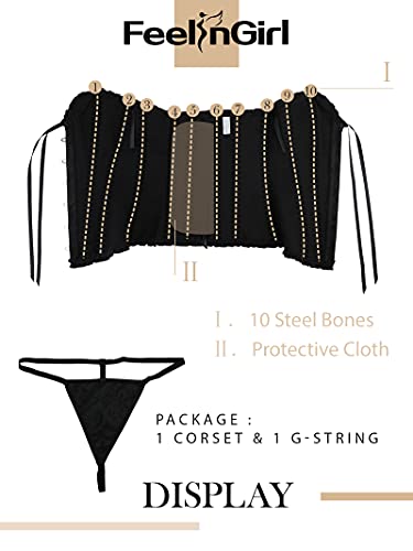 FeelinGirl Corse Gotico Mujer Negro Vintage Brocado Encaje con Broche y Cinta Ajustable Bustier Corset para MujerTalla 6XL/Talla 50