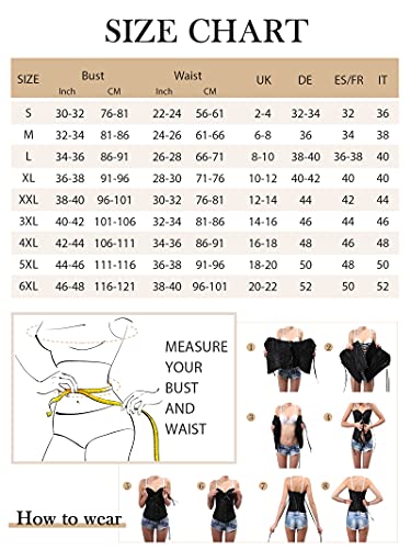 FeelinGirl Corse Gotico Mujer Negro Vintage Brocado Encaje con Broche y Cinta Ajustable Bustier Corset para MujerTalla 6XL/Talla 50