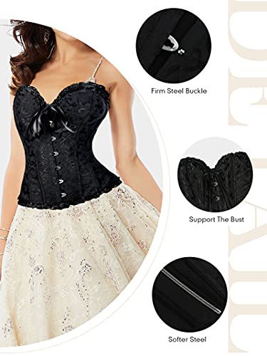 FeelinGirl Corse Gotico Mujer Negro Vintage Brocado Encaje con Broche y Cinta Ajustable Bustier Corset para MujerTalla 6XL/Talla 50