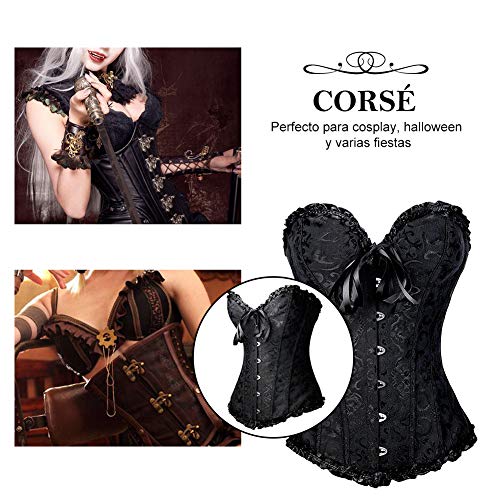 FeelinGirl Corse Gotico Mujer Negro Vintage Brocado Encaje con Broche y Cinta Ajustable Bustier Corset para MujerTalla 6XL/Talla 50