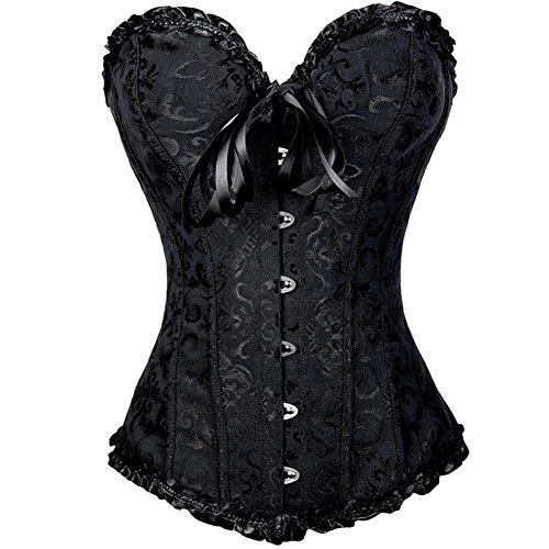 FeelinGirl Corse Gotico Mujer Negro Vintage Brocado Encaje con Broche y Cinta Ajustable Bustier Corset para MujerTalla 6XL/Talla 50