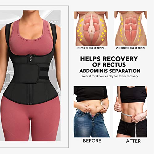 FeelinGirl Látex Corset Reductor Chaleco de Entrenamiento para Mujer 9 Aceros Faja Lumbar con Cremallera y Cinturón Fitness y Ejercicio Negro L