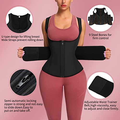 FeelinGirl Látex Corset Reductor Chaleco de Entrenamiento para Mujer 9 Aceros Faja Lumbar con Cremallera y Cinturón Fitness y Ejercicio Negro L