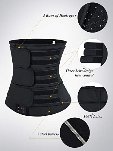 FeelinGirl Mujer Corsé Látex con Cinturón Triple 7 Huesos Aceros Entrenador de Cintura Faja Lumbar Reductora Underbust con Ganchos y Velcro Waist Trainer Negro L/Talla 40