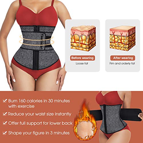 FeelinGirl Mujer Neopreno Corsé Lumbar con 7 Huesos Aceros Faja Reductora Postparto con Cremallera y Velcro Waist Trainer Deportivo Gris L/Talla 40