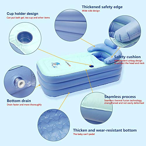 Fetcoi Bañera hinchable plegable para adultos con cojín cervical (azul cielo)