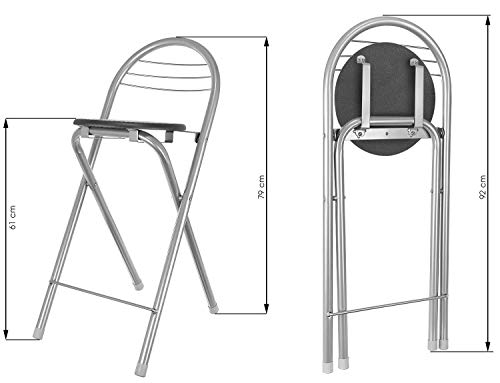 FHU Taburete de bar plegable con respaldo y reposapiés, 79 cm, color plateado y negro