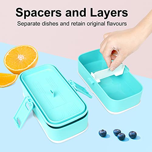 Fiambrera Bento Box de Doble Capa, con Cubiertos de Acero Inoxidable, 1000ml, Material PP, Apta para Microondas, Lavavajillas y Frigorífico, Hermética, Fiambrera para Adultos y Niños sin BPA