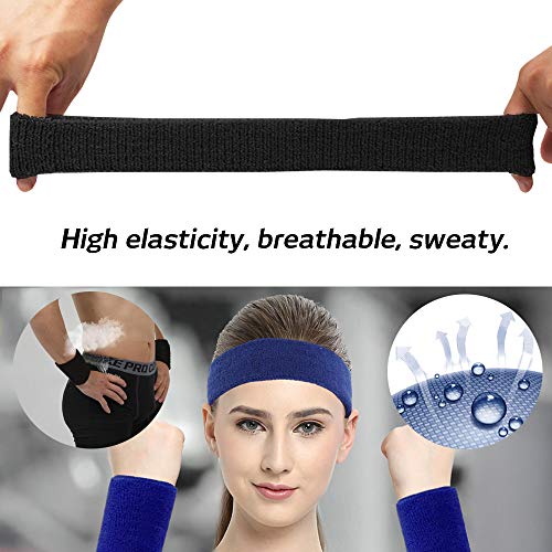 FineGood Juego de 6 bandas para el sudor, de algodón, deportivo, para hombres, mujeres, ciclismo, correr, tenis, baloncesto, color negro, azul
