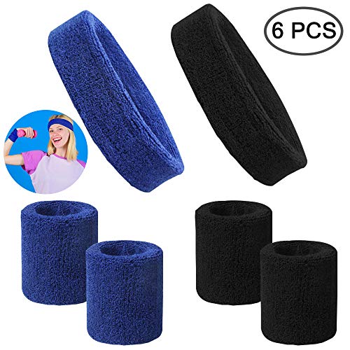 FineGood Juego de 6 bandas para el sudor, de algodón, deportivo, para hombres, mujeres, ciclismo, correr, tenis, baloncesto, color negro, azul