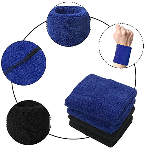 FineGood Juego de 6 bandas para el sudor, de algodón, deportivo, para hombres, mujeres, ciclismo, correr, tenis, baloncesto, color negro, azul