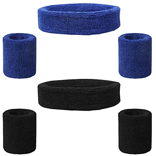 FineGood Juego de 6 bandas para el sudor, de algodón, deportivo, para hombres, mujeres, ciclismo, correr, tenis, baloncesto, color negro, azul