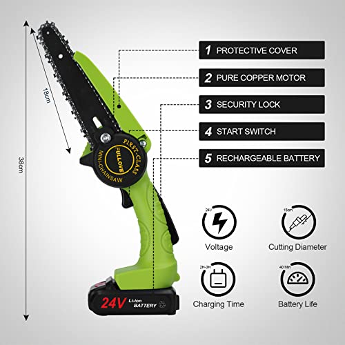 FULLOVE Motosierra Eléctrica Bateria, Mini Motosierra Bateria pequeña sierra Eléctrica de 6 pulgadas con 2 baterías y cargador Motosierra de jardín portátil inalámbrica recargable con una mano, verde