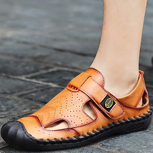 GILKUO Sandalias Hombre Piel Cuero Verano Zuecos Mules Punta Cerrada Amarillo Marrón Talla 45