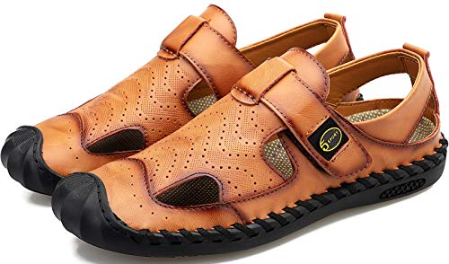 GILKUO Sandalias Hombre Piel Cuero Verano Zuecos Mules Punta Cerrada Amarillo Marrón Talla 45