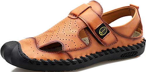 GILKUO Sandalias Hombre Piel Cuero Verano Zuecos Mules Punta Cerrada Amarillo Marrón Talla 45