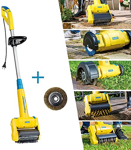 GLORIA MultiBrush speedcontrol - Cepillo eléctrico multifuncional, Eliminador de malas hierbas, Se puede utilizar como limpiador de piedra, madera y juntas, Aireador de césped, Juego con 2 accesorios