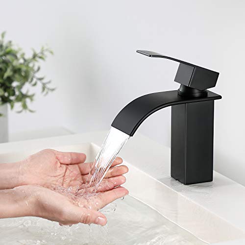 Grifo Lavabo Negro Cascada, CECIPA Ares X102B Grifo Monomando Agua Caliente y Fría Ajustable Latón Moderno Silencioso Grifo de Lavabo para Baño