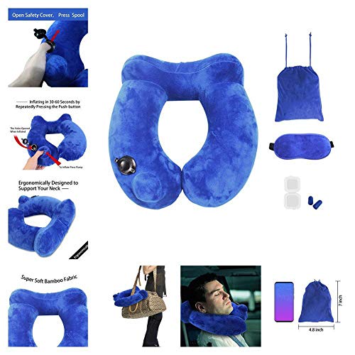 Growcolor 32x30x10cm 4PCS Presione Almohada de Viaje automática Almohada de Soporte para el Cuello Tipo U de usos múltiples(Azul)
