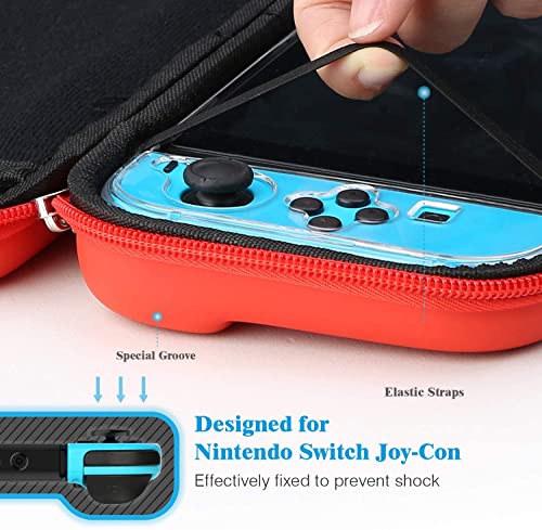 HEYSTOP Compatible con Nintendo Switch Case - Funda de Transporte para Switch + Funda para Interruptor + Protector de Pantalla de Interruptor HD + puños para Pulgar para Accesorios (Rojo Puro)