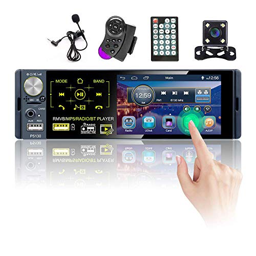 Hikity RDS Radio de Coche 1 DIN Bluetooth Autoradio con 4 Pulgadas Pantalla Táctil Estéreo del Coche con FM/Am USB SD AUX-IN + Cámara Visión Trasera + Micrófono