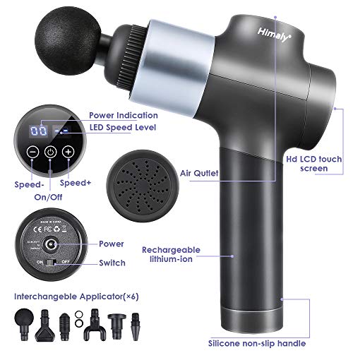 himaly Pistola de Masaje Muscular, Masajeador de Músculos de Tejido Profundo con 8 Niveles Ajustables, 6 Cabezales de Masaje,Pantalla LCD Táctil, Aliviar el dolor de hombro y pierna(gris)