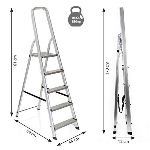 hjh OFFICE 801100 escalera plegable SOLID III aluminio 5 peldaños gran plataforma asidero redondo seguro