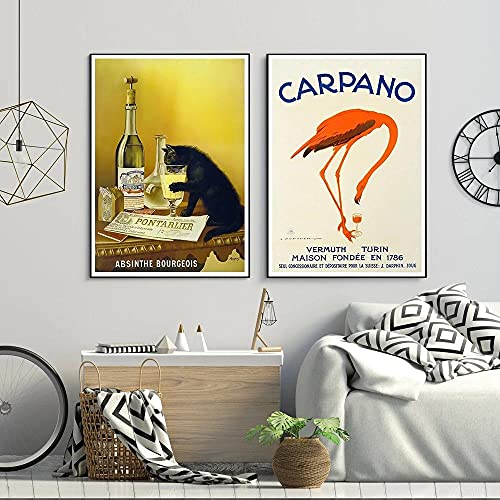 HJKLP Absinthe Bourgeois Vintage Poster Animales Gato Grúa Pintura e Impresiones Cocina Arte de la Pared Lienzo Cuadros Comedor Decoracion para el hogar 50x70cmx2 Sin Marco