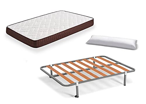 HOGAR24 ES Cama Completa - Colchón Viscobrown Reversible + Somier Basic + 4 Patas + Almohada Fibra, 105x190