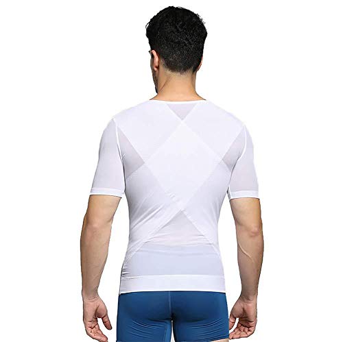 Hombres Camisa de compresión Manga Corta Tops Deportivos Talladora Cuerpo Adelgazante Tipo X Soporte Espalda para Athletic Ejercicio Rutina,White,XL