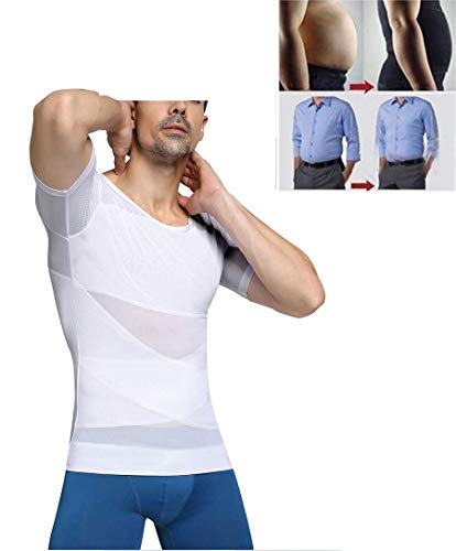 Hombres Camisa de compresión Manga Corta Tops Deportivos Talladora Cuerpo Adelgazante Tipo X Soporte Espalda para Athletic Ejercicio Rutina,White,XL