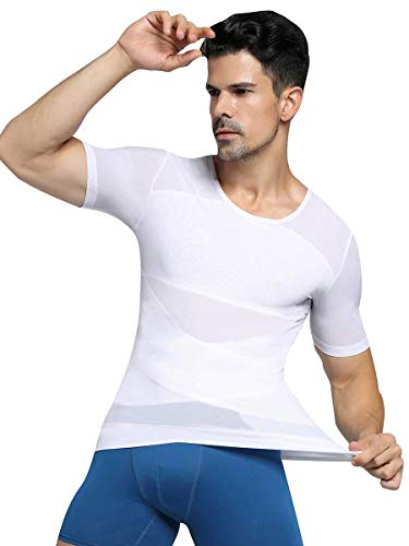 Hombres Camisa de compresión Manga Corta Tops Deportivos Talladora Cuerpo Adelgazante Tipo X Soporte Espalda para Athletic Ejercicio Rutina,White,XL