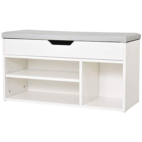 HOMCOM Armario Zapatero para Almacenamiento Banco de Zapatero con Asiento Estantes Cajón y Cojín Dos Niveles para Entrada y Recibidores Moderno Carga MAX 120kg 80x30x43cm Blanco