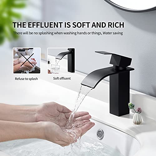 HOMELODY Grifo Lavabo Cascada Grifo de Lavabo Negro Grifo Baño,Mezclador Monomando Lavabo con Válvula De Cerámica,Agua Caliente y Fría Ajustable,Grifo Monomando Ruido Bajo