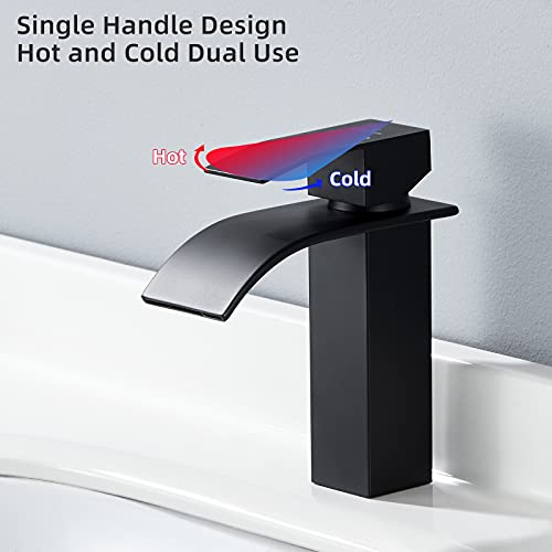 HOMELODY Grifo Lavabo Cascada Grifo de Lavabo Negro Grifo Baño,Mezclador Monomando Lavabo con Válvula De Cerámica,Agua Caliente y Fría Ajustable,Grifo Monomando Ruido Bajo