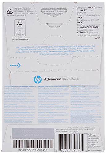 HP Advanced Glossy Photo Paper, Q8692A, 100 hojas de papel fotográfico satinado avanzado, compatible con impresoras de inyección de tinta, 10 x 15 cm, peso del material de impresión 250 g/m²
