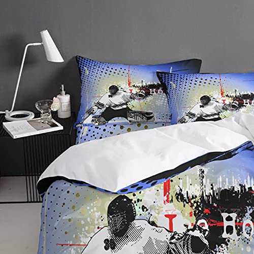 HUIJIE Ropa De Cama Para Niños Movimiento De Hockey Sobre Hielo 140X200CM Funda Nórdica De 4 Piezas Con Cremallera, Suave Y Cómodo Juego De Cama Con 1 Funda Nórdica + 1 Sábana + 2 Fundas De Almohada P